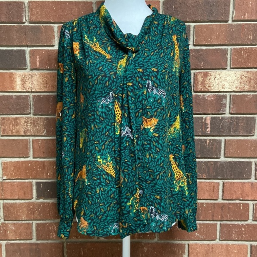J. Crew Factory Green Leaf Jungle Print‎ Blouse Size XXS